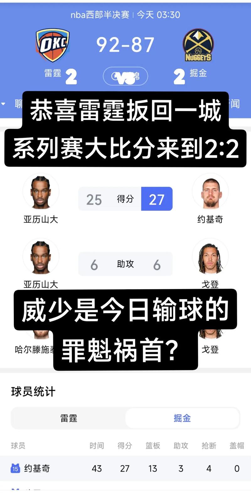 掘金对阵雷霆赛前分析报告